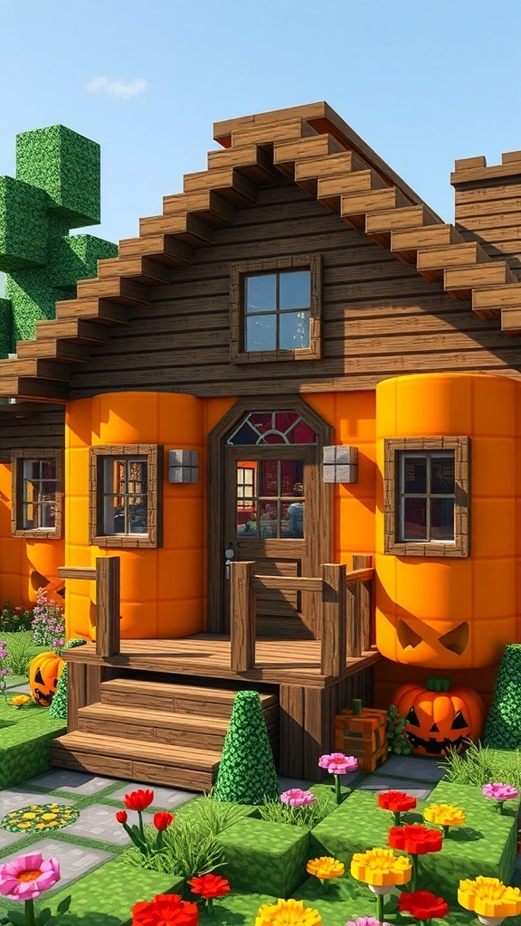 A Minecraft pumpkin house made of carved pumpkins and wooden planks, with a garden and trees around it.